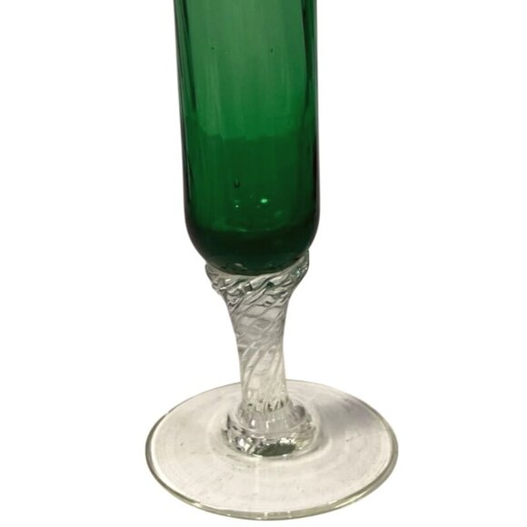 Vtg Green Swirl Glass Vase Hand-blown Flared Ruffled Clear Twisted Stem Bud - Picture 2 of 5